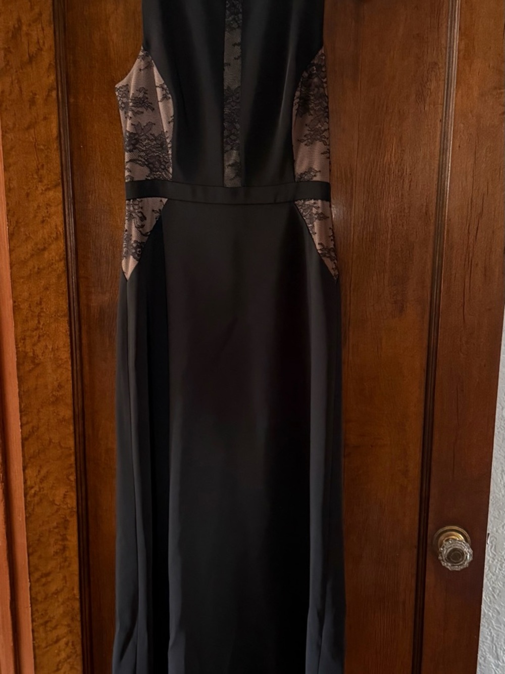 BCBGMaxAzria Black Backless Evening Gown with Lace Panels